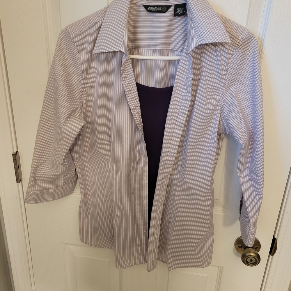 Eddie Bauer Striped 3/4 Sleeve Button-Up Shirt with Purple Tank Medium